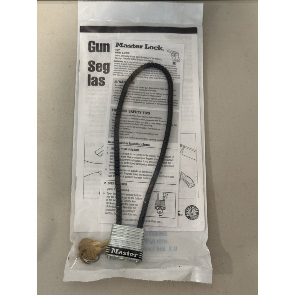 Master Lock 107 Cable Gun Lock Firearm Safety Padlock Brand New with Keys Manual